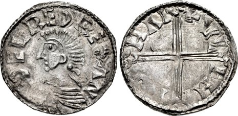 Denmark: Svend I Tveskæg (Forkbeard)–Knud II den Store (the Great). Circa 997-early 11th century. AR Penny (18.5mm, 1.57 g, 10h). Imitating an issue of Æthelred II of England. Uncertain mint; 'Ulfr,' moneyer. [E]ÐELRED REX ΛN, draped bust left / + VL F HI MO HΛI, voided long cross, with pellet at center and triple-crescent ends. Malmer chain 134, dies 180/1205. VF