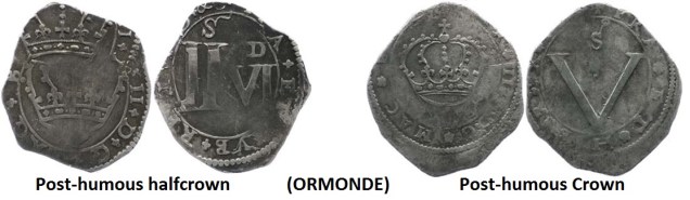 The Ormonde issues of 1643-44 were followed by a so-called ‘post-mortem’ issue in 1649 (after the death of King Charles I). These are recognisably different insofar as the central design is surrounded by various legends close to the rim. Equally crude in their method of minting, these coins are seldom found in better than Fine grade and often have faults.