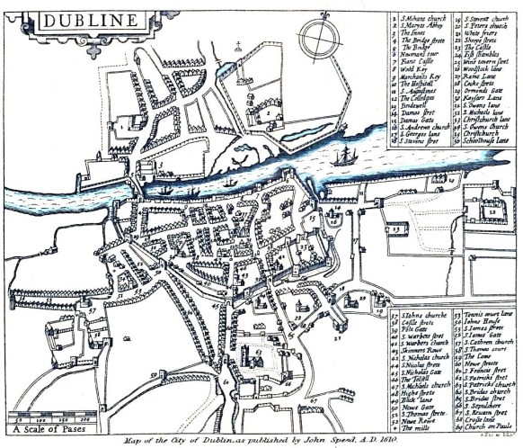 Speed's Map of Dublin, 1610 - the walls and gates are shown. Note: the recently founded Trinity College is outside of the walls, to the east of the city on reclaimed ground.