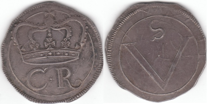 Superb Ormonde Crown.  S.6544.  29.56g.  Obv.  Crown above C and R, for Charles Rex, a fine line circle around, and a toothed outer border. Cross and top corners of crown and  curled tail of R break circle. Diamond shaped pellet surrounded by 4 tiny pellets, above, below, and to sides, all between C and R.  C with protruding top seraph but no bottom seraph.  Rev.  Large V, for 5 shillings, within line border, well clear of line circle at bottom and touching upper left and barely clear upper right, surrounded by plain field and outer toothed border.  Tiny diamond shaped central pellet within V.  Snakelike S with seraphs that only protrude outward, curled backward at bottom and forward at the top, a petite round pellet below, all well clear and below the line circle.  C, R, and V show no re-cutting, making this perhaps the first use of the die.  Superbly struck on a cut fairly regular round sterling plate flan, still showing much detail of the original silver plate