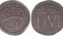 Ormonde Halfcrown. S.6545. Obv. Crown above C and R, a line circle around, and a somewhat crude blunt toothed outer border. Only cross of crown touches the inner line circle. Only the tail of the trailing R crosses the circle. A faint triangular pellet divides the C and R. The C has a near Roman top seraph, and no bottom seraph. Rev. Huge bold II, height 15.0mm, and shorter VI, height 11.3mm. All four corners of the IIVI cut across the inner line circle of 25.5mm diameter. Minute central pellet before V. An almost snakelike S with almost parallel Roman seraphs is centered above the II, and almost bisected by the line circle with bottom of top seraph of S just touching the outside of the inner circle. Well formed D, height 3.6mm, with a longer top seraph than bottom seraph, is above right side of V and closer to circle than to the V. Struck on an unusually round sterling plate flan, still showing part of original silver detail on obverse