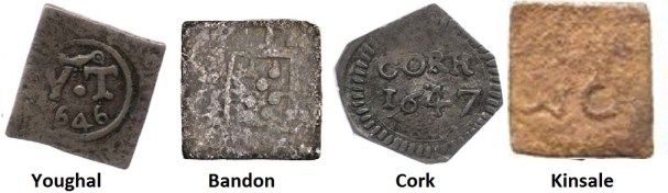 The emergency coinages of Youghal, Bandon, Cork and Kinsale were much cruder than those of Dublin - they struck farthings, halfpennies and twopences in copper, a threepence in pewter and sixpences in silver. Some large denomination coins of the realm were counter-struck with 