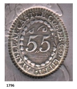 Castlecomer Token, Type 1 die stamp on a 1796 donor coin (cusped edges)