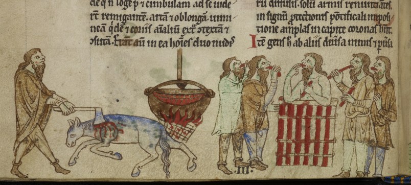 Image taken from Topographia Hibernica (written by Giraldus Cambrensis, otherwise known as Gerald of Wales) and originally published/produced in England [Lincoln]; circa 1220. Held and digitised by the British Library. In this scene, an Irish kingship ritual - a white mare is sacrificed, a stew is prepared and, after the Irish king bathes in it, his supporters then eat the stew.
