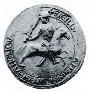 Between March 1185 and as late as October 1199, John, the youngest son of Henry II used an equestrian seal (fig. 1) of about three inches in diameter on which he is represented as a fully armed knight, galloping to the right, and carrying a convex shield charged with two lions passant. He wears a hauberk of mail under a cloth surcoat, and a coif surmounted by a round-topped nasal helmet which interrupts the legend between the words, HIB'NIE and + SIGILLVM. In his right hand he brandishes a sword. The horse wears an ornamental breast-band, saddle and stirrups; it is not caparisoned. The legend reads, + SIGILLVM IOHANNIS FILII REGIS ANGLIE DOMINIE HIB'NIE