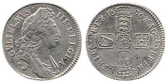 1696 silver shilling of William III, first bust