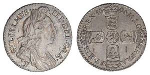 1696 silver sixpence of William III, York mint (J), first bust, large crowns, first harp