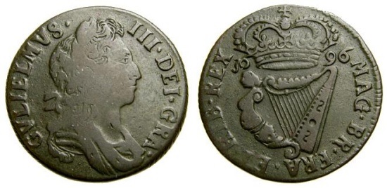 1696 William III Type 1, Halfpenny, Variety A - Reverse: MAG BR FRA ET HIB REX