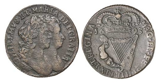 William & Mary, halfpenny, 1693 (S6597). Condition = Fine, with some pitting evident.