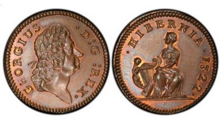 1722 Wood's Hibernia Farthing, Type I (regular issue)