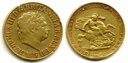 The reverse design had an ennobled Garter surrounding the image of St George armed, sitting on horse back encountering the Dragon with a spear. The legend translates as 'evil to him who evil thinks' . The obverse featured George III facing right with short hair with a laurel crown of a Roman emperor with the legend in taller than usual lettering.