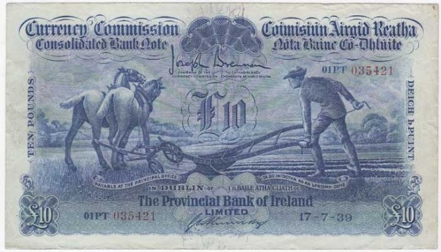 1939 £10 Ploughman (Provincial Bank of Ireland, Type 3), signed by G. A. Kennedy