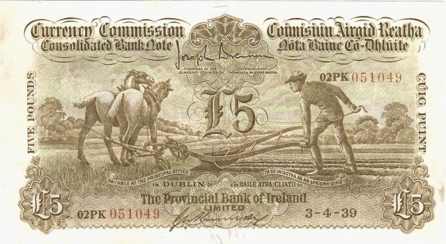 1939 £5 Ploughman (Provincial Bank of Ireland, Type 3), signed by G. A. Kennedy