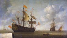 Arrival of the English Flagship Royal Charles, painting by Jeronymus van Diest II from the Rijksmuseum Amsterdam (note the Dutch flag at the rear and English flag flying upside down from the main mast)