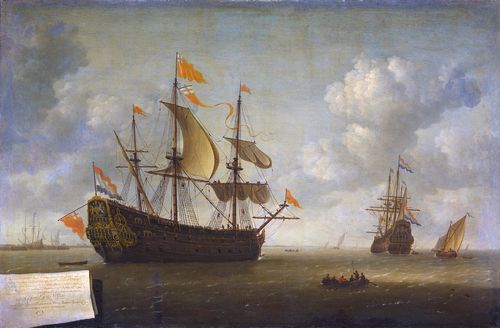 Arrival of the English Flagship Royal Charles, painting by Jeronymus van Diest II from the Rijksmuseum Amsterdam (note the Dutch flag at the rear and English flag flying upside down from the main mast)