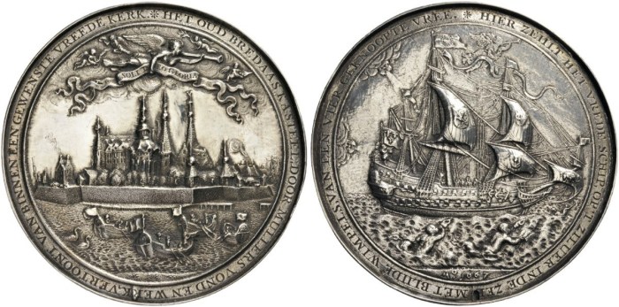 NETHERLANDS, The Dutch Republic. Breda. Plaquettepenning, or Hollow medal (Silver, 82mm, 77.46 g 12), on the Peace of Breda between Great Britain and the Dutch Republic, by Wouter Muller, 1667. HET OUD BREDAAS KASTEEL, DOOR MULLERS VOND EN WERK, VERTOONT VAN BINNEN EEN GEWENSTE VREEDE KERK (=Old Breda’s castle, by the ingenuity and art of Muller, exhibits within it a wished-for Temple of Peace) View of the city of Breda, with angels flying above, one carrying a banner inscribed SOLI DEO GLORIA. Rev. HIER ZEIHLT HET VREDESCHIP, OP ‘T ZILUER IN DE ZEE MET BLIIDE WIMPELS, VAN EEN VIER GEKNOOPTE VREE (=Here sails the ship of Peace in silver on the sea, and bears the happy pennants of a quadruple peace) Ship sailing to right, bearing the arms of France, the United Provences, England and Ireland, and Denmark; below, A°1667. MI, I, pp. 531-532, 180. PiN 263. Van Loon II, pp. 538-539, v. An attractive and impressive piece. Usual blow hole on the edge, obverse fields polished, some polishing and minor casting fault on the reverse, otherwise, about extremely fine.