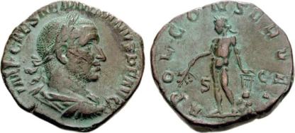 Aemilian AE Sestertius. IMP AEMILIANVS PIVS FEL AVG, laureate, draped, and cuirassed bust right / APOL CONSERVAT, Apollo standing left, holding branch and resting hand on lyre set on a rock. Sear 9853