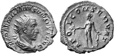 Aemilian AR Antoninianus. IMP AEMILIANVS PIVS FEL AVG, radiate, draped & cuirassed bust right / APOL CONSERVAT, Apollo standing left, resting against lyre & holding branch. RSC 2; Sear 9830