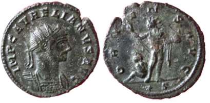 Aurelian, AE antoninianus. Siscia. IMP C AVRELIANVS AVG, radiate, cuirassed bust right / ORIENS AVG, Sol standing front, looking left, holding globe and raising right hand; captive at foot left. Mintmark Star S. Goebl 222c2 var (mintmark)