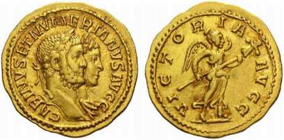 Carinus amd Numerian, AV aureus. 21 mm. 4.66 gr. Lyons. CARINVS ET NUMERIANVS AVGG, Jugate busts of Carinus, laureate, and Numerian, laureate and draped, right / VICTORIA AVGG, Victory walking left, holding trophy. Calicò 4405a; Cohen 4 var (denarius); Bastien, Lyons, 405 var (denarius)