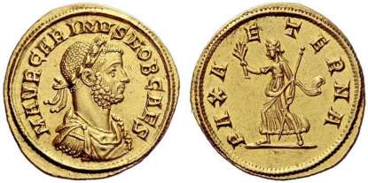 Carinus, AV Aureus. Struck AD 282, 4.83 g. M AVR CARINVS NOB CAES, laureate, draped, cuirassed bust right / PAX AETERNA, Pax advancing left, holding olive branch and sceptre. RIC 153; Cohen 62; Calicó 4351