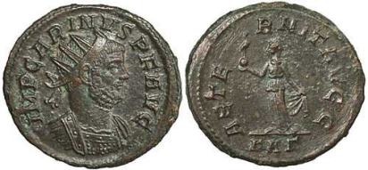 Carinus, billon antoninianus. Rome, 284-5 AD. IMP CARINVS P F AVG, radiate, draped, cuirassed bust right / AETERNIT AVGG, Aeternitas standing left, holding phoenix on globe, lifting hem of robe with left hand. KAΓ in ex
