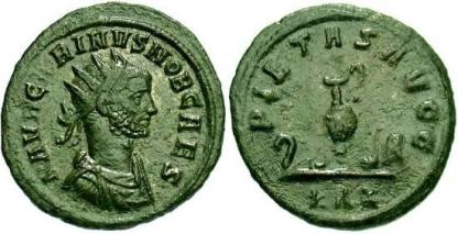 Carinus Silvered AE Antoninianus. M AVR CARINVS NOB CAES, radiate, draped & cuirassed bust right / PIETAS AVGG, sacrificial implements (sprinkler, simpulum, jug, patera, knife and lituus), ZKA in ex. RIC 155, Cohen 74