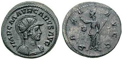 Carus Silvered AE Antoninianus. IMP C M AVR CARVS AVG, helmeted, radiate, & cuirassed bust right / PAX AVGG, Pax standing left, holding branch & transverse sceptre; B to left. Sear5 12173