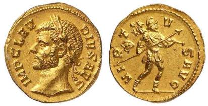 Claudius, AV aureus, Milan mint. 4.58 gr. IMP CLAVDIVS AVG, Laureate head left / VIRTVS AVG, Virtus advancing right, holding spear and trophy. Calico 3964