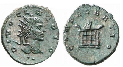 Claudius II, AE Antoninianus, Cyzicus. DIVO CLAVDIO, radiate head right with two dots under head / CONSACRATIO, Flaming altar with horned roof. 4 panels on altar, dot in each panel. LaVenera Vol I 10924; Goebl 288a1