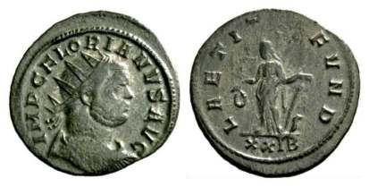 Florian, AE antoninianus. Rome mint. AD 276. IMP C FLORIANVS AVG, radiate, draped, cuirassed bust right, seen from the back / LAETITIA FVND, Laetitia standing left, holding wreath and anchor. Mintmark XXIB. Rome 34 var; Estiot 2475-2487; ric.mom.fr, 4220.