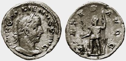 Gallienus, AE denarius, 19mm, 1,88g. 254 AD, Viminacium. IMP GALLIENVS P AVG, laureate, cuirassed bust right / VIRTVS AVGG, Mars (or Gallienus) in military dress, standing left, right foot on helmet or globe, holding globe and spear. Not in Ric or Cohen; Goebl 437 var (obv. legend); Doyen Viminacium 19