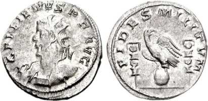 Gallienus, AR antoninianus. Lyons mint. Joint Reign. GALLIENVS PF AVG, radiate, cuirassed bust left, holding spear and shield / FIDES MILITVM, eagle standing left, head turned right, between two standards. RIC 15 (Joint Reign); RSC 251