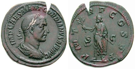 Gordian I Æ Sestertius. IMP CAES M ANT GORDIANVS AFR AVG, laureate, draped & cuirassed bust right, seen from behind / P M T-R P COS P P S-C, Gordian standing left, holding branch in right hand & resting left on parazonium. Cohen 3.