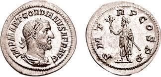 Gordian I AR Denarius. IMP M ANT GORDIANVS AFR AVG, laureate, draped & cuirassed bust right, seen from behind / P M TR P COS P P, Gordian, standing facing, head left, holding branch in right hand & a short scepter in left. RSC 2