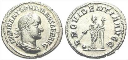 Denarius of Gordian II Africanus (238 CE) minted in Rome. Obverse IMP M ANT GORDIANVS AFR AVG, laureate and draped bust right; reverse PROVIDENTIA AVG