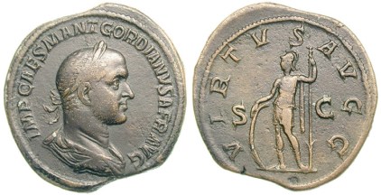 Gordian II Æ Sestertius. IMP CAES M ANT GORDIANS AFR AVG, laureate, draped and cuirassed bust right / VIRTVS AVGG, S C across field, Virtus standing left, holding spear and resting against shield. Cohen 15