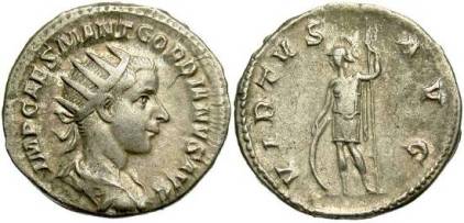 Gordian III AR Antoninianus. 238-239 AD. IMP CAES M ANT GORDIANVS AVG, radiate, draped & cuirassed bust right / VIRTVS AVG, Virtus standing facing in military dress, head left, with shield & spear. RIC 6, RSC 381