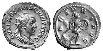Hostilian AR Antoninianus. C VAL HOS MES QVINTVS N C, radiate bust right, draped / MARS PROPVG, Mars advancing right, holding spear & shield. RSC 12