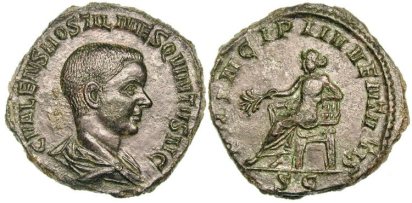 Hostilian, as Caesar, Æ Sestertius. C VALENS HOSTIL MES QVINTVS N C, bare-headed & draped bust right / PRINCIPI IVVENTVTIS S-C, Apollo seated left, holding branch & resting elbow on lyre. RIC 215a, Cohen 31