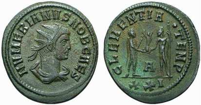 Numerian, AE antoninianus. Cyzicus mint. NVMERIANVS NOB CAES, radiate, draped bust right / CLEMENTIA dot TEMP, Numerian, holding sceptre, standing right receiving Victory on globe from Jupiter, standing left, holding sceptre. A in lower centre. Mintmark XXI. RIC V-2, 372