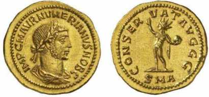 Numerian, AV aureus, Antioch mint, AD 283. IMP C M AVR NVMERIANVS NOB C, laureate, draped, cuirassed bust right / CONSERVAT AVGGG, Sol standing left, holding globe and raising right hand. Mintmark: SMA. RIC 373, Calico 4303; Sear 12209