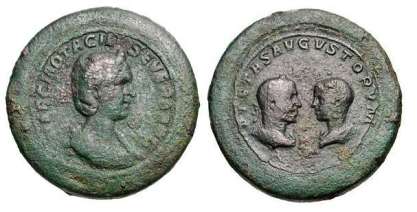 Otacilia Severa, Philip I, & Philip II as Caesar, AE44 Bimetallic Orichalcum & Copper medallion. Rome, 244-247 AD. MARCIA OTACIL SEVERA AVG, draped bust of Otacilia right, in stephane / PIETAS AVGVSTORVM, draped busts of Philip I, laureate, & Philip II, bare-headed, vis a vis, both busts seen from behind. Gnecchi 1