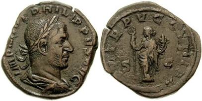 Philip I AE Sestertius. IMP M IVL PHILIPPVS AVG, bust right / P M TR P V COS III P P S-C, Felicitas standing left holding a caduceus & cornucopiae