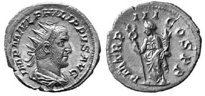 Philip I AR Antoninianus, IMP M IVL PHILIPPVS AVG, radiate and draped bust right / P M TR P III COS P P, Felicitas, standing left with caduceus & cornucopiae. RIC 3, RSC 124