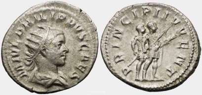 Philip II, as Caesar, AR Antoninianus. M IVL PHILIPPVS CAES, radiate, draped & cuirassed bust right / PRINCIPI IVVENT, attendant standing behind Philip II holding spear & parazonium