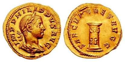 Philip II AV Aureus. 248 AD. IMP PHILIPPVS AVG, laureate draped bust right / SAECVLARES AVG, low column inscribed COS II. Cohen 77