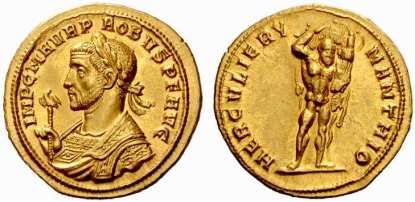 Probus, AV aureus, 22mm, 5.98 g. AD 276–282. Siscia. IMP C M AVR PROBVS PF AVG, Laureate, cuirassed bust left, wearing imperial mantle, holding eagle-tipped sceptre / HERCVLI ERYMANTHIO, Hercules standing right, carrying the Erymanthian boar over his shoulder. Calicò 4156 (this coin); Sear 11909 var (bust type): RIC 586 var; Cohen 272 var.