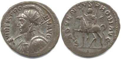 Probus, Lyons Mint, AE Antoninianus. VIRTVS PROBI AVG, Radiate, helmeted, cuirassed bust left, holding spear and shield / ADVENTVS PROBI AVG, Emperor riding left, right hand raised, left holding sceptre; at foot, captive. Mintmark I. RIC V-2, 20 var (bust type and mintmark); Sear 11954 var (bust type).