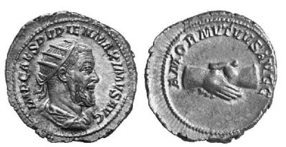 Pupienus AR Antoninianus. IMP CAES PVPIEN MAXIMVS AVG, radiate draped bust right / AMOR MVTVVS AVGG, clasped hands. RIC 9b, RSC 2